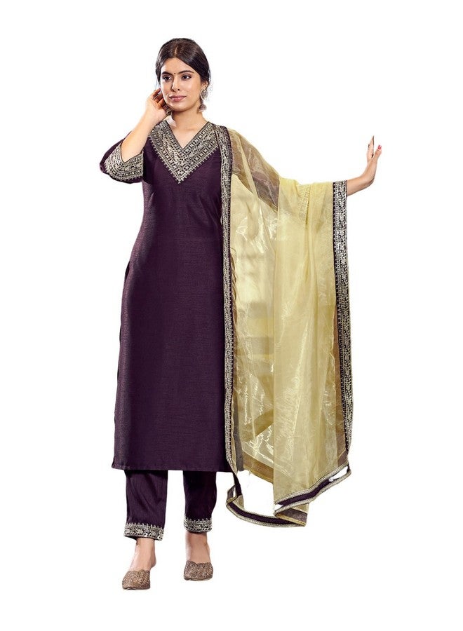 سيريل طقم كورتا مستقيمة مطرزة من الحرير للنساء من SIRIL مع دوباتا (104KBD1133-S_Wine) - Image 1