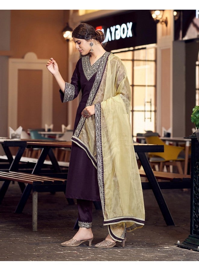 سيريل طقم كورتا مستقيمة مطرزة من الحرير للنساء من SIRIL مع دوباتا (104KBD1133-S_Wine) - Image 4