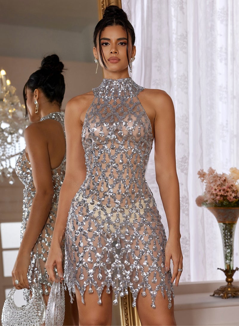 Madam Uniq Silver Sequin Sheer High - Neck Mini Dress - Image 1