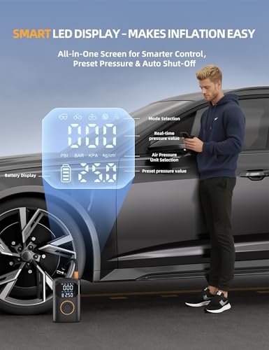UZNY Tire Inflator Portable Air Compressor-150PSI Tire Air Pump, 5X Faster with Digital Gauge, Auto-Off & LED Light, Air Pump for Car Tires, Motorcycle, Bike, Balls & More, Car Gifts for Men Women - Image 5
