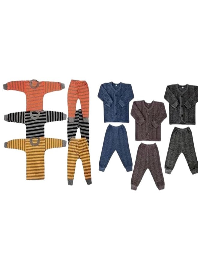 Atipriya Combo of Baby Boys and Girls Unisex Soft Winter Wear Dress Clothing Set | 3 Full Sleeves T-shirt + 3 Full Lowers Pyjama Pant (3 Lining and 3 button thermals set of 6) (9-18 months, L) - Image 1