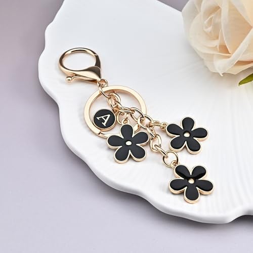 OUMILAN Initial Letter Keychain Cute Flower Charms Keyring for Handbag Backpack–Personalized A-Z Alphabet Jewelry Gift for Women Girl (M, Black) - Image 3