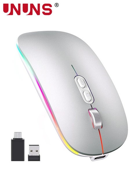LED Wireless Bluetooth Mouse,Rechargeable Slim Silent Laptop Mouse,Portable BT5.2+2.4G USB Receiver Dual Mode Computer Mice,3 Adjustable DPI,Mouse For Notebook Tablet Phone,Silver