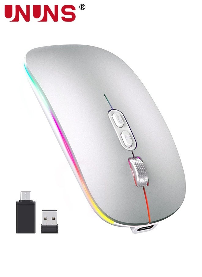 UNUNS LED Wireless Bluetooth Mouse,Rechargeable Slim Silent Laptop Mouse,Portable BT5.2+2.4G USB Receiver Dual Mode Computer Mice,3 Adjustable DPI,Mouse For Notebook Tablet Phone,Silver  - Image 1