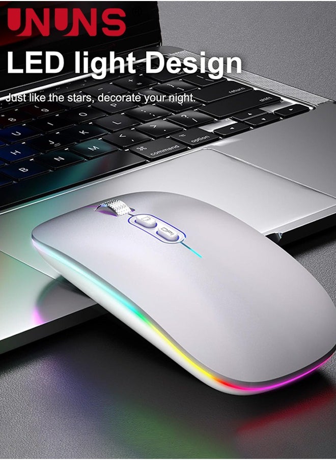UNUNS LED Wireless Bluetooth Mouse,Rechargeable Slim Silent Laptop Mouse,Portable BT5.2+2.4G USB Receiver Dual Mode Computer Mice,3 Adjustable DPI,Mouse For Notebook Tablet Phone,Silver  - Image 2