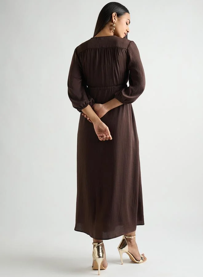 Femmella Women Coffee Brown Satin Ruched Waist Midi Dress