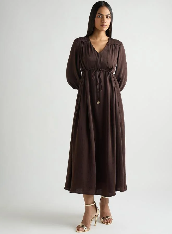 Femmella Women Coffee Brown Satin Ruched Waist Midi Dress