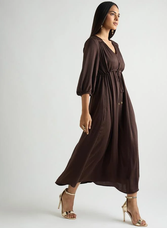 coffee brown midi dress Easowa Women's Elegant Coffee Brown Long Sleeve Midi Dress,Autumn Office Commuter Crew Neck Cinched Waist Ruched Metal Button Decor A-Line Vintage Dress