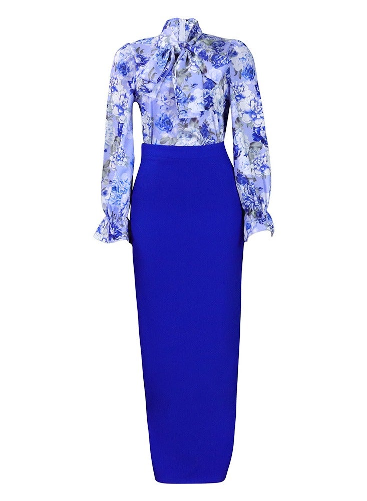 Shougu New Fashion Printed Strap Long Sleeve Shirt Half Skirt Long Skirt Cross border Two piece Set - Image 1