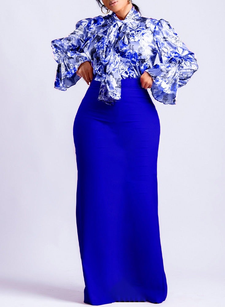 Shougu New Fashion Printed Strap Long Sleeve Shirt Half Skirt Long Skirt Cross border Two piece Set - Image 2