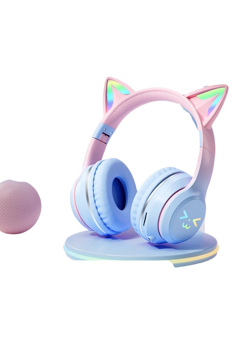 general Gradient-coloured cat ear wireless headset Bluetooth earphones, foldable with microphone, stereo music gaming earphones - Image 1