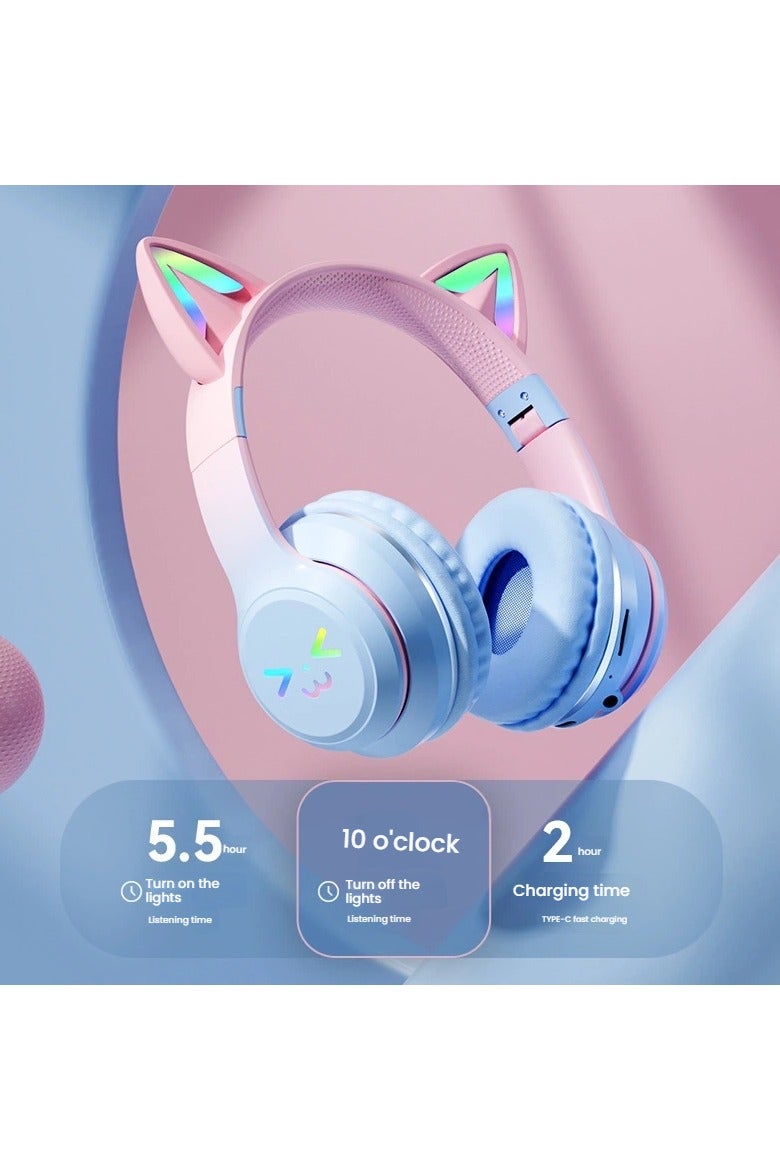 general Gradient-coloured cat ear wireless headset Bluetooth earphones, foldable with microphone, stereo music gaming earphones - Image 3