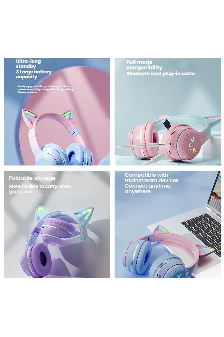 general Gradient-coloured cat ear wireless headset Bluetooth earphones, foldable with microphone, stereo music gaming earphones - Image 4