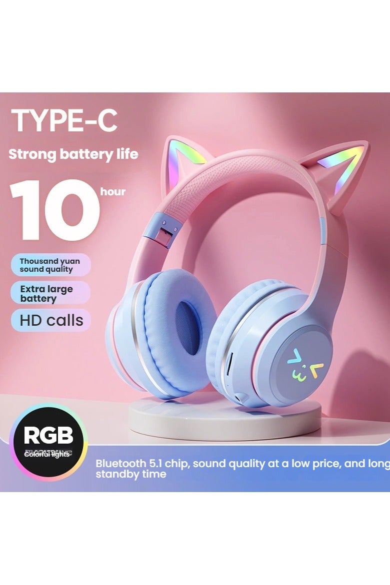 general Gradient-coloured cat ear wireless headset Bluetooth earphones, foldable with microphone, stereo music gaming earphones - Image 2