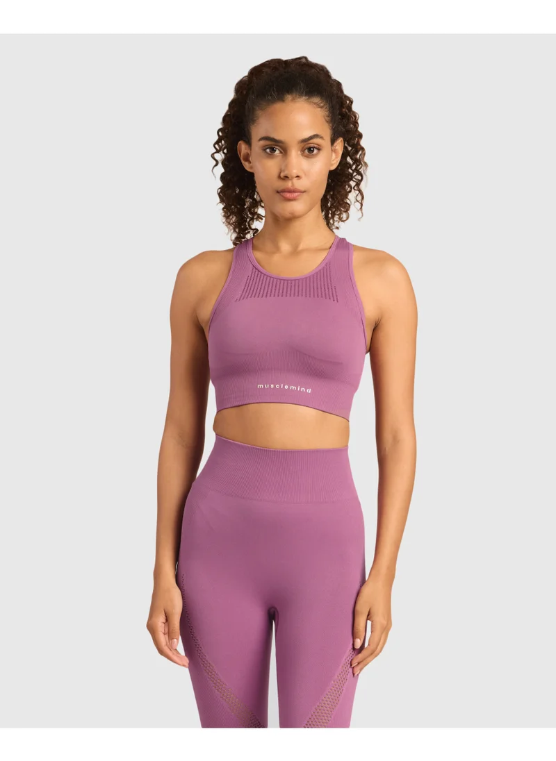 ماسلميند Seamless Sports Bra for Gym Workout and Fitness with rib structure for Posture Assistance, anti-odour, anti-microbial, 4 way stretch, wide straps with removable pads, offers medium support, super soft fabric mesh with quick drying activewear