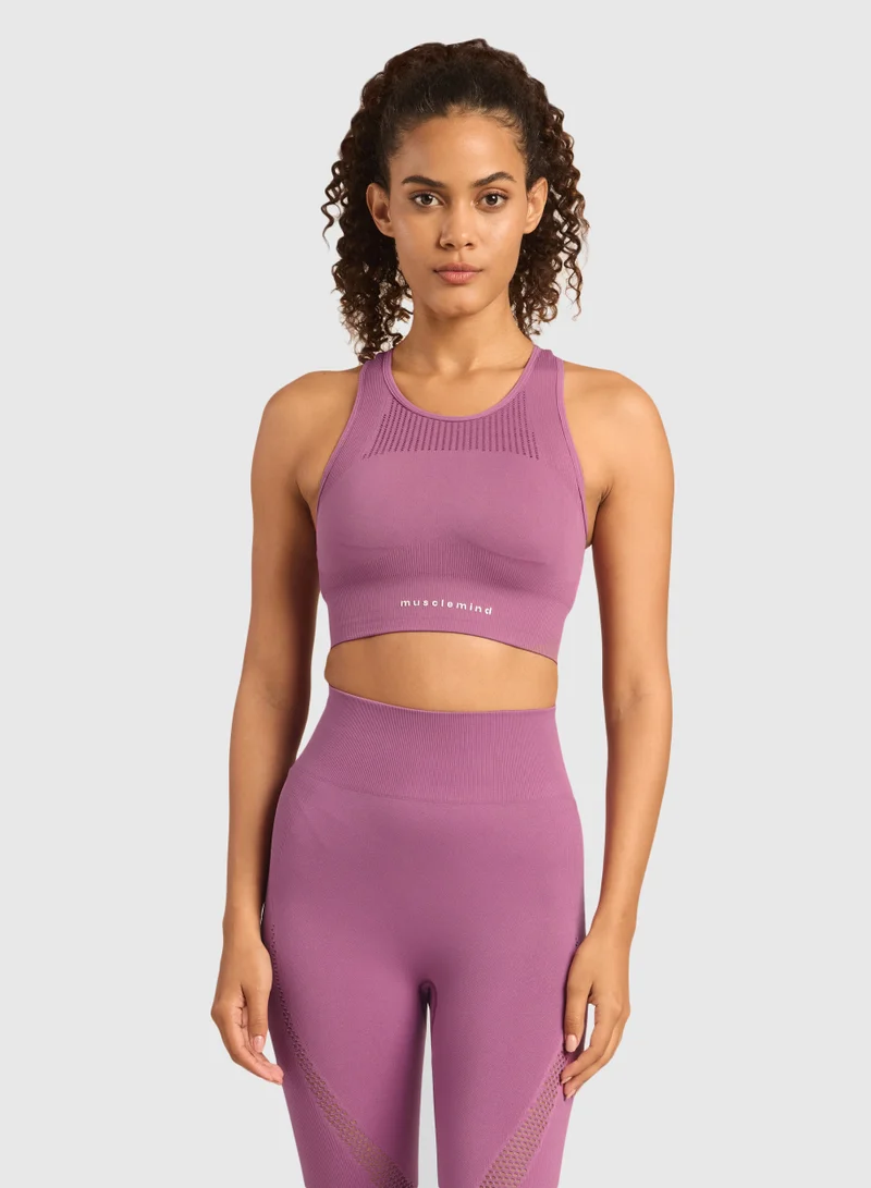 Musclemind Seamless Sports Bra for Gym Workout and Fitness with rib structure for Posture Assistance, anti-odour, anti-microbial, 4 way stretch, wide straps with removable pads, offers medium support, super soft fabric mesh with quick drying activewear