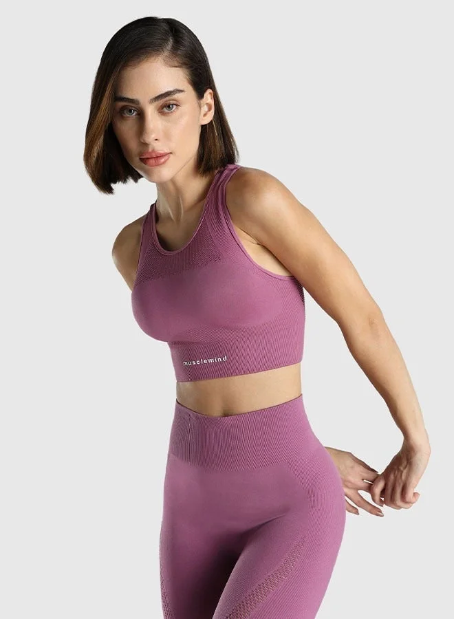 Musclemind Seamless Sports Bra for Gym Workout and Fitness with rib structure for Posture Assistance, anti-odour, anti-microbial, 4 way stretch, wide straps with removable pads, offers medium support, super soft fabric mesh with quick drying activewear