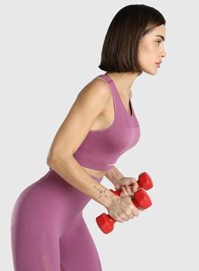 Musclemind pink Seamless Sports Bra for Gym Workout and Fitness with rib structure for Posture Assistance, anti-odour, anti-microbial, 4 way stretch, wide straps with removable pads, offers medium support, super soft fabric mesh with quick drying activewear for Women | Best Price UAE