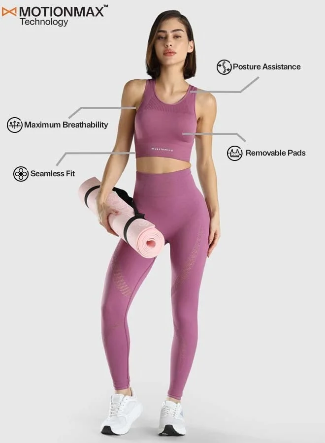 Musclemind pink Seamless Sports Bra for Gym Workout and Fitness with rib structure for Posture Assistance, anti-odour, anti-microbial, 4 way stretch, wide straps with removable pads, offers medium support, super soft fabric mesh with quick drying activewear for Women | Best Price UAE