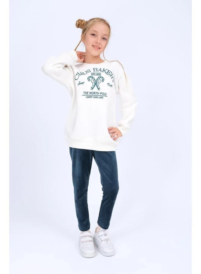 Perendi Girl's Embroidered Sweatshirt and Velvet Leggings Set with Lined Fleece for Winter