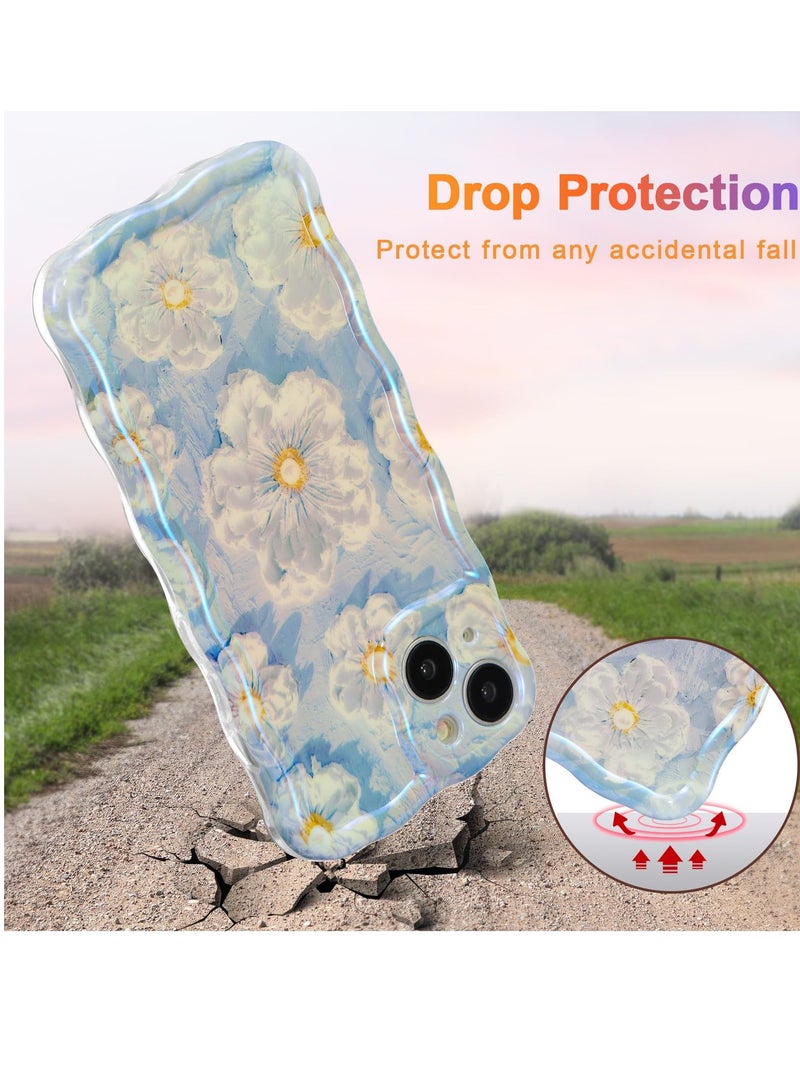 Case for iPhone 13, Colorful Retro Oil Painting Flower Laser Glossy Pattern Cute Curly Waves Border Exquisite Floral Phone Cover Stylish Durable TPU Protective Case - Image 2