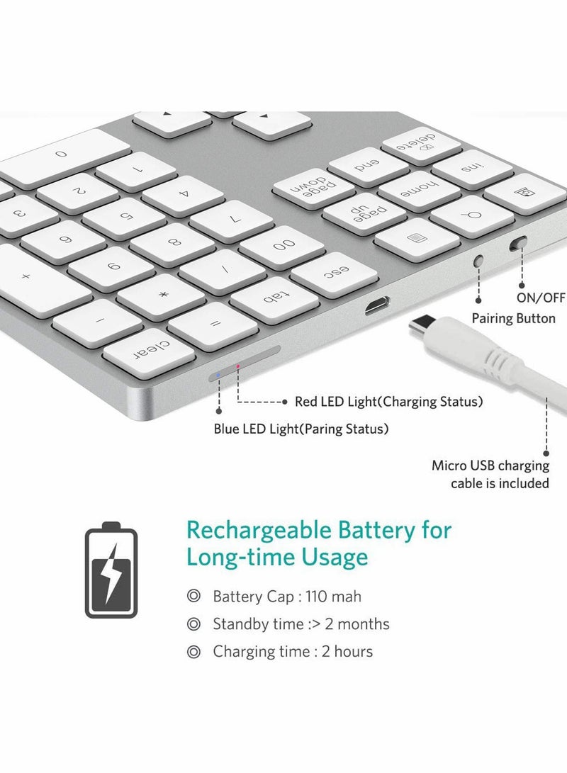 Slim Rechargeable Bluetooth Numeric Keypad - 34 Keys Wireless External Numpad for Easy Data Entry (Silver) - Image 3