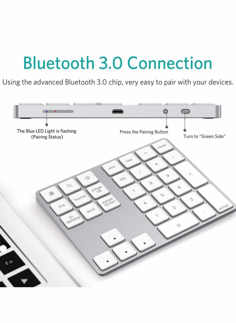 Slim Rechargeable Bluetooth Numeric Keypad - 34 Keys Wireless External Numpad for Easy Data Entry (Silver) - Image 2