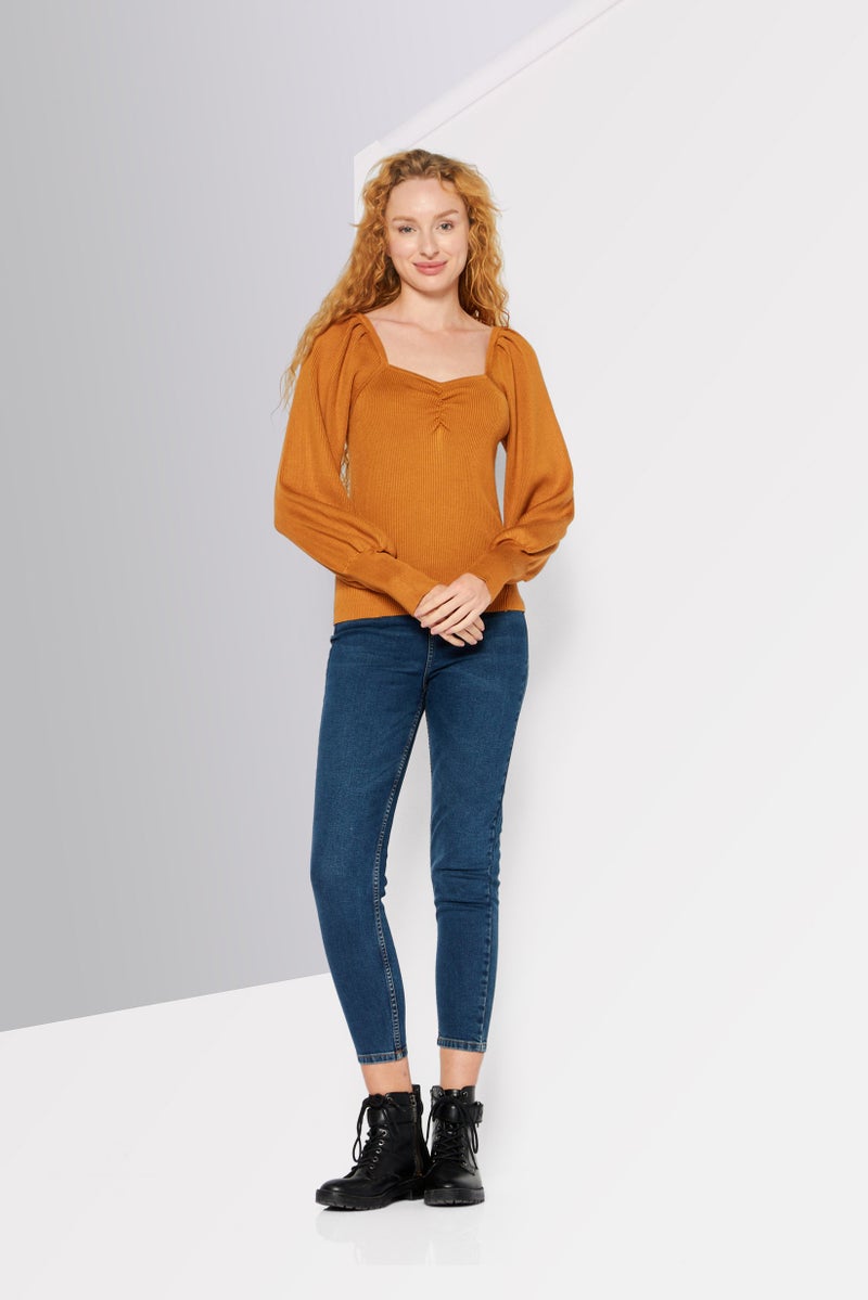 DKNY Women Sweetheart Puff-Sleeve Ribbed Sweater, Brown - Image 2