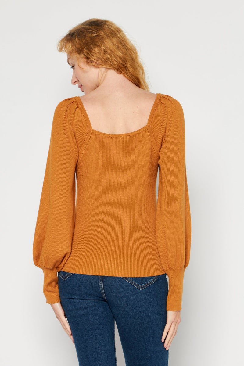 DKNY Women Sweetheart Puff-Sleeve Ribbed Sweater, Brown - Image 3