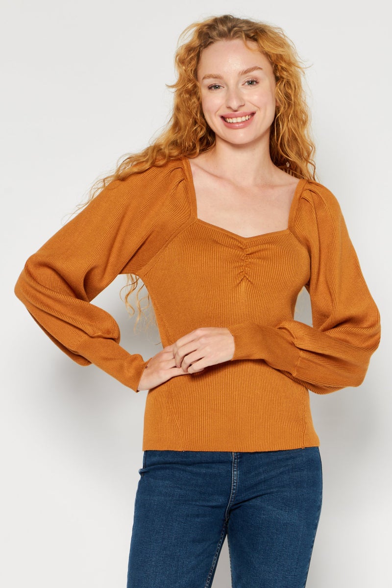 DKNY Women Sweetheart Puff-Sleeve Ribbed Sweater, Brown - Image 1