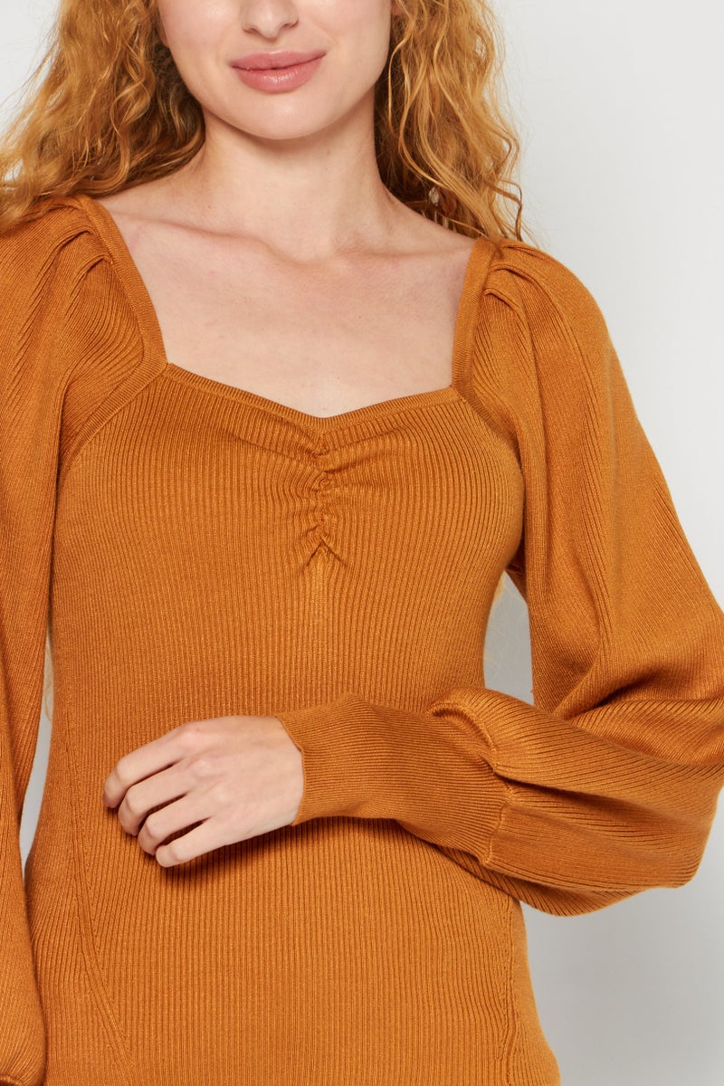 DKNY Women Sweetheart Puff-Sleeve Ribbed Sweater, Brown - Image 4