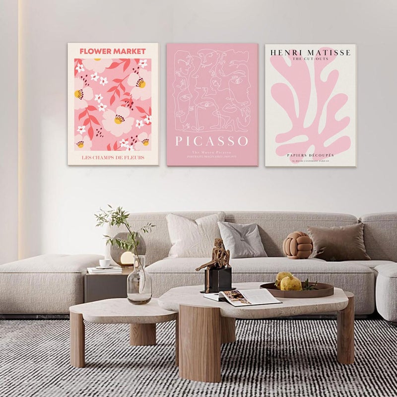 Djmwtb Djmwtb Matisse Picasso Abstract Canvas Wall Art Framed Set of 3 Pink Flower Market Poster Prints Aesthetic Pictures Modern Minimalist Wall Decor Painting for Living Room Bedroom Bathroom 12""x16""x3 - Image 1