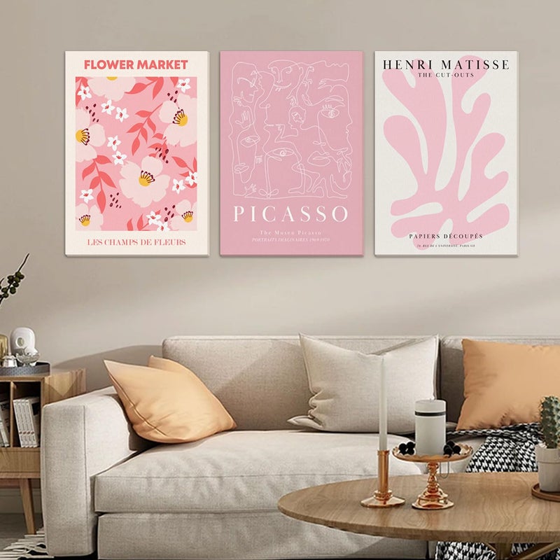Djmwtb Djmwtb Matisse Picasso Abstract Canvas Wall Art Framed Set of 3 Pink Flower Market Poster Prints Aesthetic Pictures Modern Minimalist Wall Decor Painting for Living Room Bedroom Bathroom 12""x16""x3 - Image 4