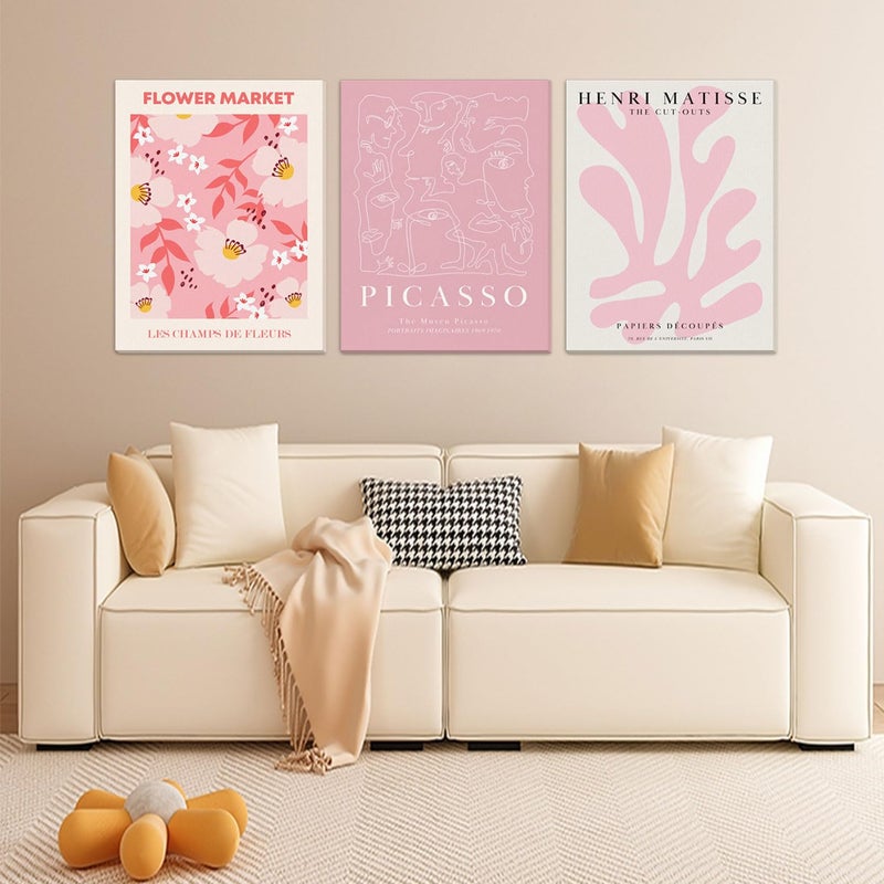 Djmwtb Djmwtb Matisse Picasso Abstract Canvas Wall Art Framed Set of 3 Pink Flower Market Poster Prints Aesthetic Pictures Modern Minimalist Wall Decor Painting for Living Room Bedroom Bathroom 12""x16""x3 - Image 2