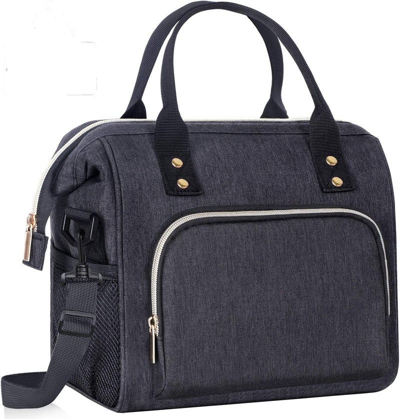 IDEATECH Insulated Lunch Box for Women & Men, Stylish Ladies Lunch Bag for Work, Leak Proof Portable Cooler Bag for Picnic, Black Lunch Tote Bags with Adjustable Shoulder Strap, Gifts for Mom (Black) - Image 1