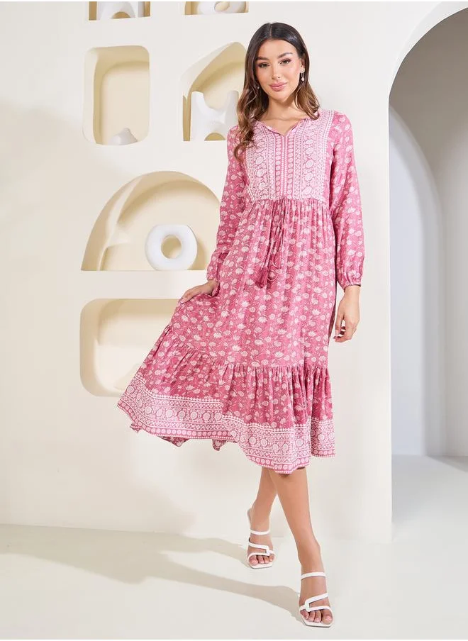 Styli Floral Print Tie Up Waist Tiered Midi Dress