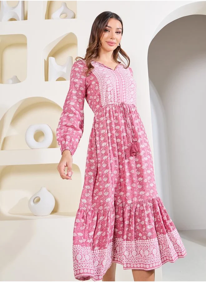 Styli Floral Print Tie Up Waist Tiered Midi Dress