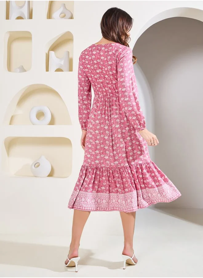 Styli Floral Print Tie Up Waist Tiered Midi Dress