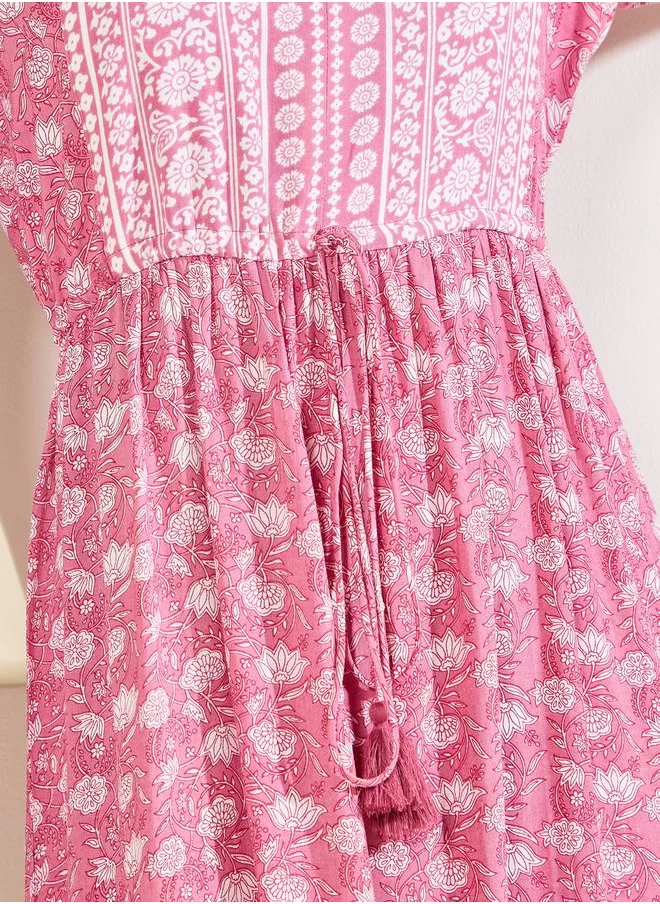 Styli Floral Print Tie Up Waist Tiered Midi Dress