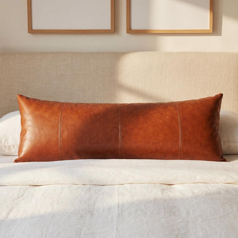 تيجيمي غطاء وسادة طويل من الجلد الصناعي من تيغيمي، مقاس 14 × 36 بوصة، غطاء وسادة زينة بوهيمي للظهر، مخيط يدويًا، أنيق، مناسب لغرفة النوم أو الأريكة أو المقعد، ديكور ريفي عصري، بني - Image 1