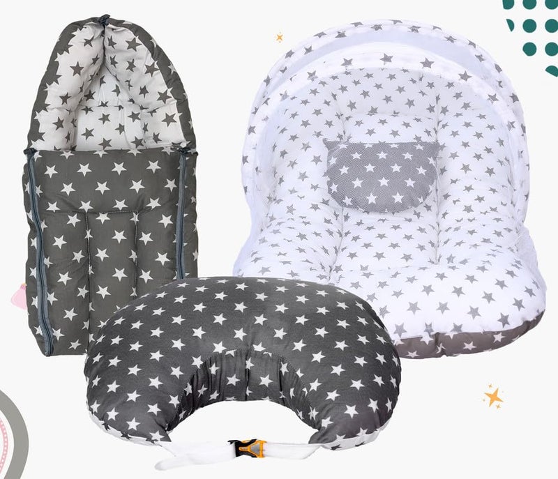Infans Mini طقم سرير أطفال إنفانس ميني، 3 قطع أساسية للنوم من القطن | حقيبة نوم للأطفال | وسادة رضاعة للأم | شبكة ناموسية للسرير للأطفال من 0-6 أشهر (رمادي نجمي) - Image 1
