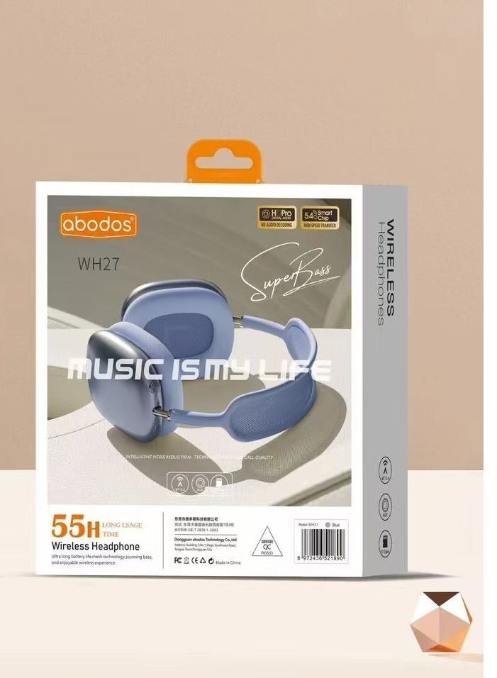 Abodos AS-WH27 Wireless Headset – Super Bass, Noise Reduction, 55H Playtime, Ultra Long Battery Life, Comfortable Over-Ear Headphones Blue - Image 2