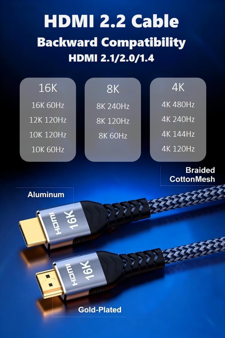 كابل HDMI Avaoaa 16K 8K 4K، سرعة 2.2 جيجابت في الثانية، طول 2 متر، كابل عالي السرعة للغاية | كابل HDMI متوافق مع دقات 8K و4K وترددات 240Hz و144Hz و120Hz، يدعم أجهزة PS5 وXbox، ويتميز بتقنيات ARC وeARC وHDR10+ وHDCP2.3، مناسب لشاشات الألعاب وأجهزة التلفاز والكمبيوتر المحمولة وأجهزة تشغيل الأقراص البلورية (Blu-ray). - Image 2