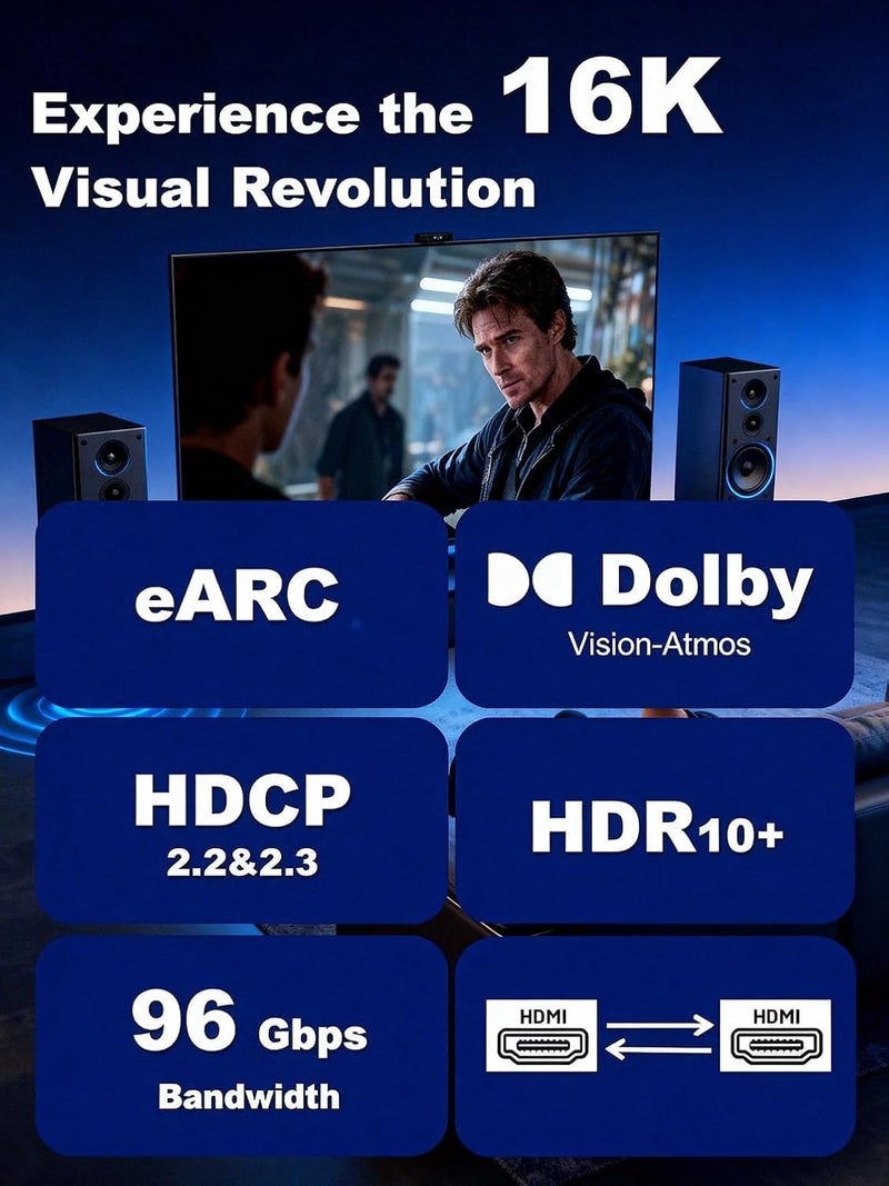 كابل HDMI Avaoaa 16K 8K 4K، سرعة 2.2 جيجابت في الثانية، طول 2 متر، كابل عالي السرعة للغاية | كابل HDMI متوافق مع دقات 8K و4K وترددات 240Hz و144Hz و120Hz، يدعم أجهزة PS5 وXbox، ويتميز بتقنيات ARC وeARC وHDR10+ وHDCP2.3، مناسب لشاشات الألعاب وأجهزة التلفاز والكمبيوتر المحمولة وأجهزة تشغيل الأقراص البلورية (Blu-ray). - Image 3