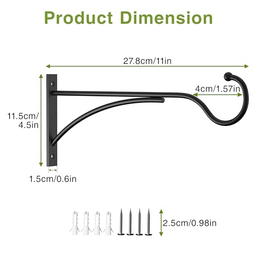 saffruff 11 Inch 2 Pack Outdoor Plant Hanging Hooks for Wall:Metal Bracket for Hanging Baskets, Bird Feeders, Wind Chimes, Flower Baskets, Yoga Mat, Lanterns, Black - Image 4