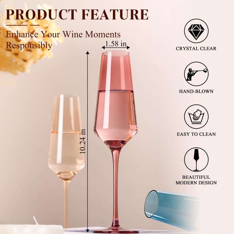 TrophyToast Colored Champagne Flutes Set of 6, Large 8 Ozã€Hand Blownã€‘ Crystal Wine Glasses, Lead-Free Colored Wine Glasses Set - Great for All Occasions and Gifts - Image 4