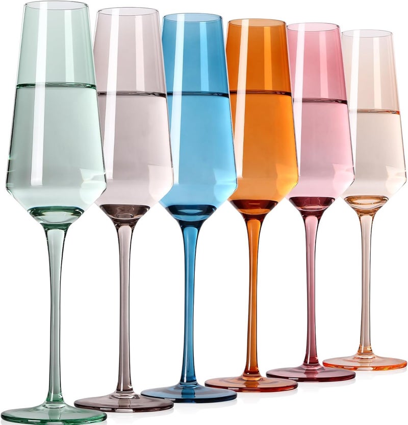 TrophyToast Colored Champagne Flutes Set of 6, Large 8 Ozã€Hand Blownã€‘ Crystal Wine Glasses, Lead-Free Colored Wine Glasses Set - Great for All Occasions and Gifts - Image 1