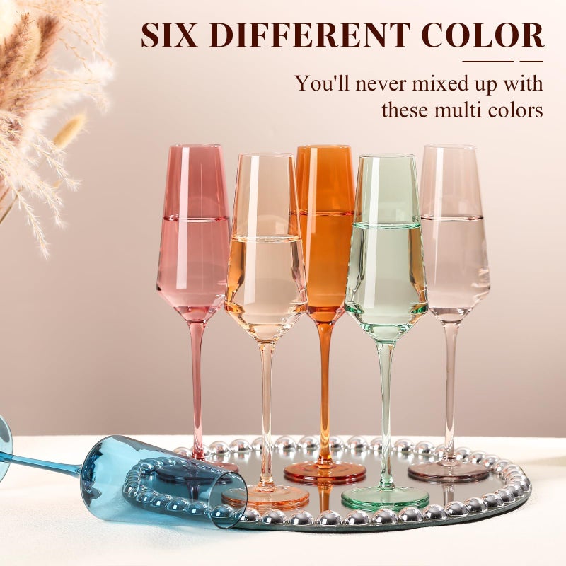 TrophyToast Colored Champagne Flutes Set of 6, Large 8 Ozã€Hand Blownã€‘ Crystal Wine Glasses, Lead-Free Colored Wine Glasses Set - Great for All Occasions and Gifts - Image 2