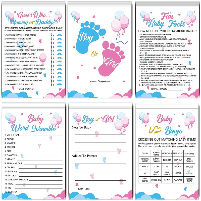 Mecholey 75Pcs Gender Reveal Games for Guests 6 Funny Games for Boy or Girl Gender Reveal Decorations Idea Baby Prediction Cards Mommy Or Daddy