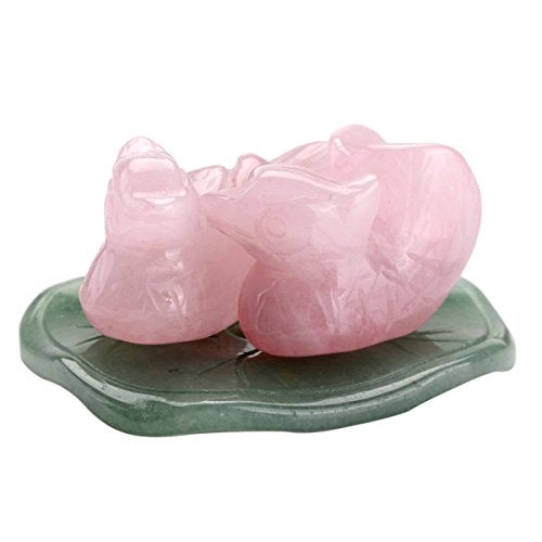 CrystalTears Rose Quartz Mandarin Ducks Love Birds on Lotus Leaf Green Aventurine Fengshui Figurines with Box Gift Valentines Day Gift - Image 2